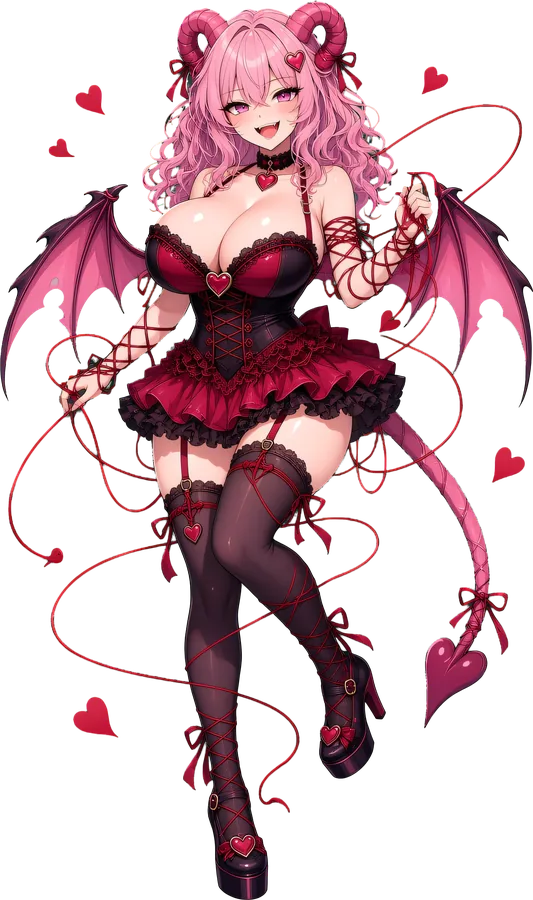 Amorette, the Thread-Bound Heart: a pink-haired succubus with ram horns tied in red ribbon