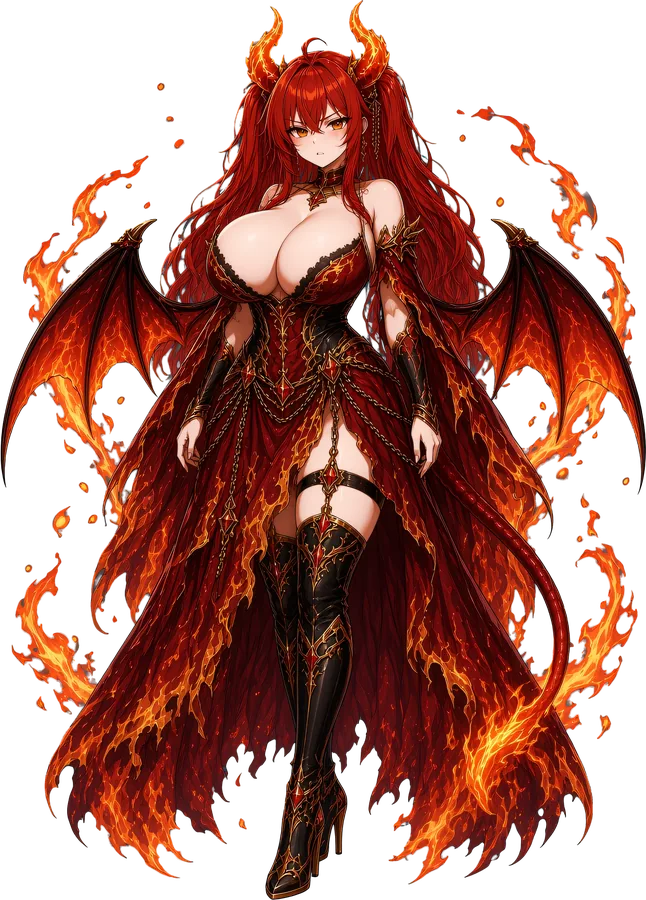 Cindra, the Ember Princess: a red-haired succubus with flame horns and ember wings