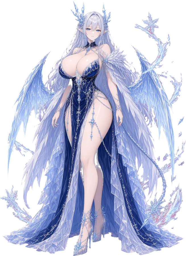 Isolde, the Frost Sovereign: a silver-haired succubus with ice-crystal horns and icicle wings