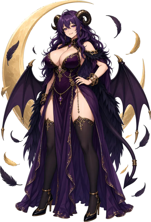 Velouria, the Velvet Queen: a plum-haired succubus with bronze ram horns and a feather cape